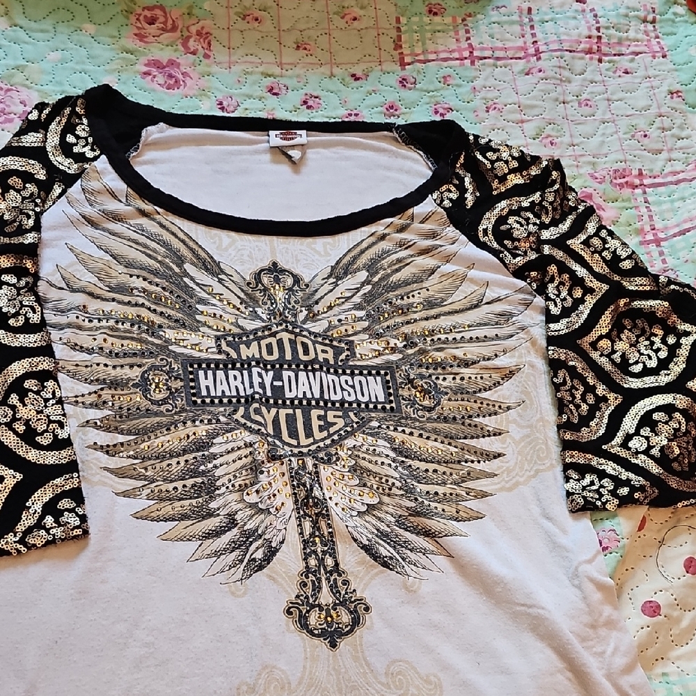 Harley-Davidson Black and White 3/4 Sleeve Tee